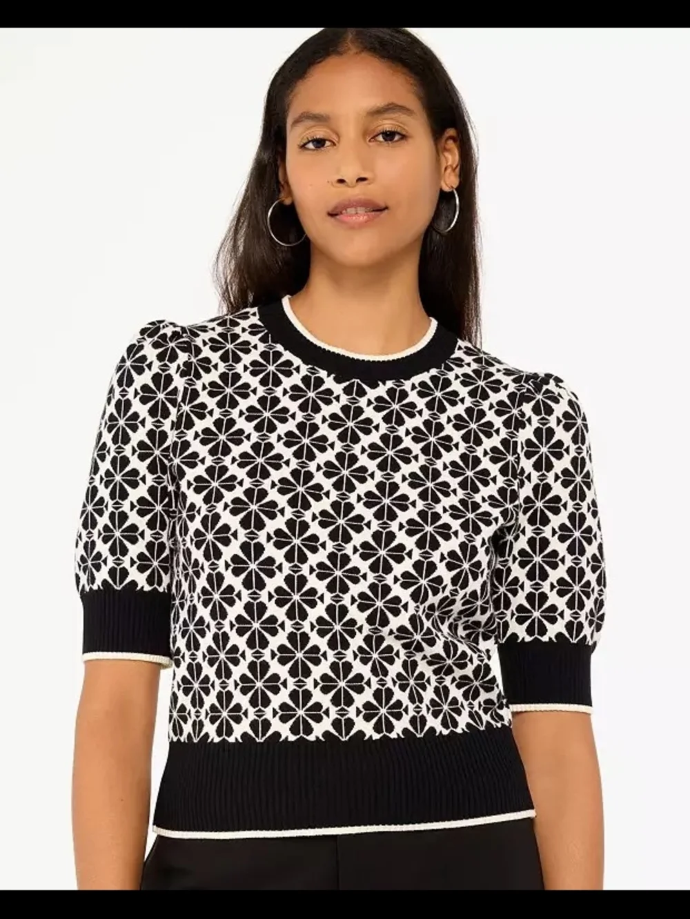 kate spade Black & White  Spade Flower Jacquard Crewneck Sweater, Size XS.